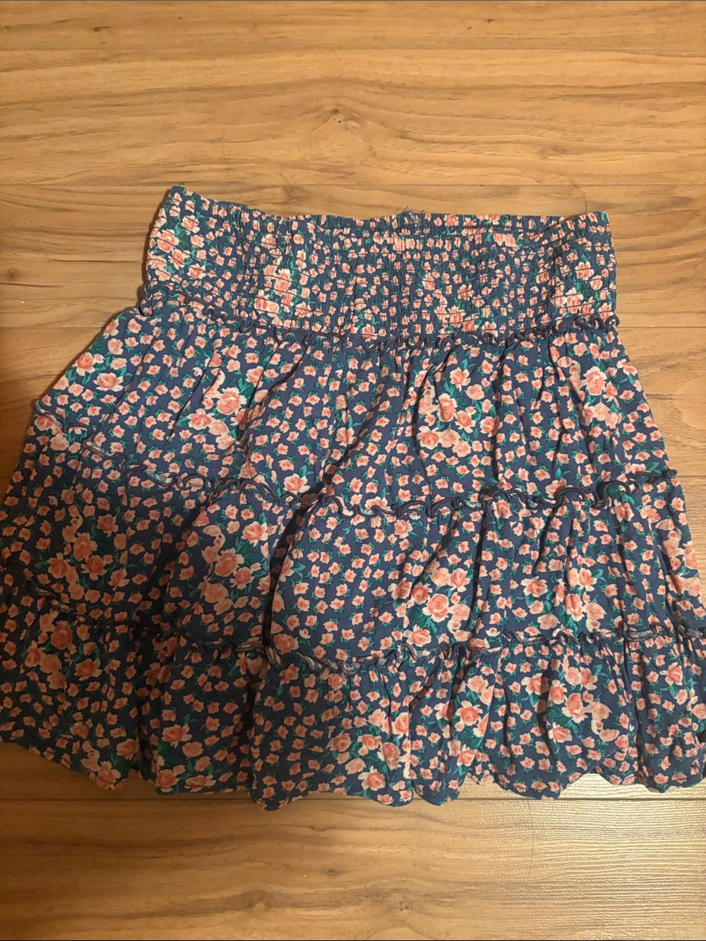 American Eagle Outfitters Navy Floral Smocked Mini Skirt with Coral Accents